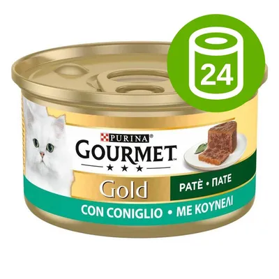 Purina Gourmet Gold Paté, opakowanie 24 puszek. Widoczny biały kot, kawałek pasztetu na talerzu, napis: CON CONIGLIO.