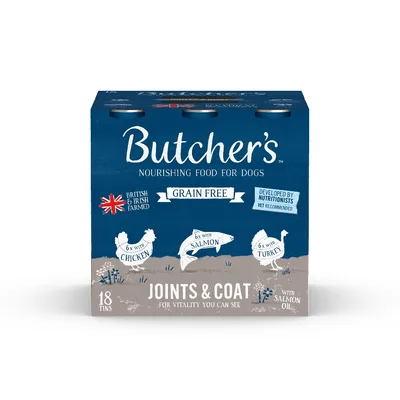Butcher's nourishing food, grain free, 18 tins for joints and coat. Contains 6 with chicken, 6 with salmon, 6 with turkey. Developed by nutritionists, British and Irish farmed.