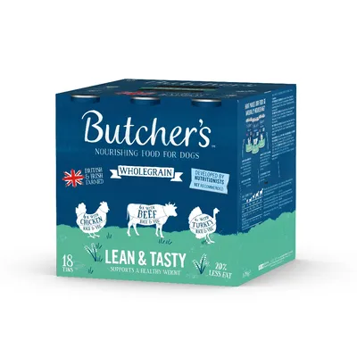 Butcher’s wholegrain nourishing food for dogs, 18 tins with chicken, beef or turkey, supports healthy weight, 20% less fat, British and Irish farmed, developed by nutritionists.