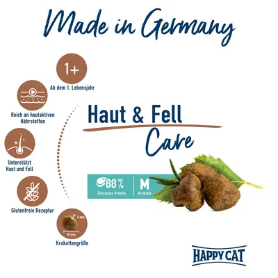 Happy Cat Haut & Fell Care, Made in Germany, ab 1. Lebensjahr, reich an hautaktiven Nährstoffen, unterstützt Haut und Fell, glutenfreie Rezeptur, 88% tierisches Protein, Kroketten M.