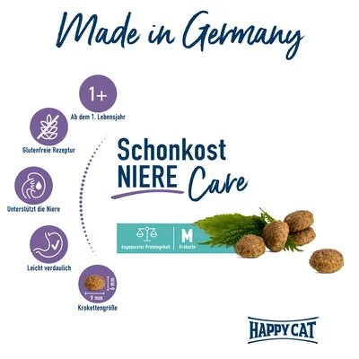 Happy Cat Schonkost Niere Care, brez glutena, podpira ledvice, lahko prebavljivo, od 1. leta starosti, velikost briketov 9 mm, izdelano v Nemčiji.