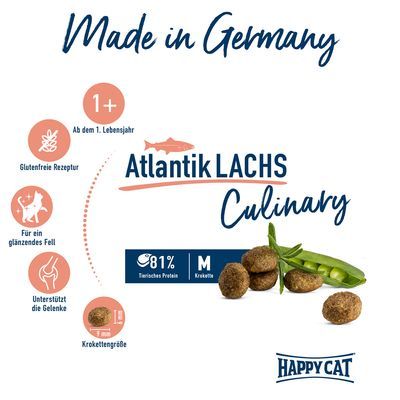Made in Germany, Atlantik LACHS Culinary, 81% dierlijk eiwit, M krokette, Happy Cat. Tekst in het Duits: glutenvrije receptuur, voor glanzende vacht, ondersteunt de gewrichten, vanaf 1 jaar.