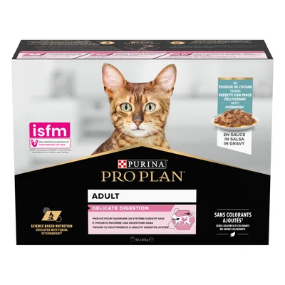 Purina Pro Plan Adult Delicate Digestion with ocean fish in gravy, science-based nutrition, no added colourants, ISFM recognition, proven to help promote a healthy digestive system. Purina Pro Plan Adult Delicate Digestion with ocean fish in gravy, science-based nutrition, no added colourants, ISFM recognition, proven to help promote a healthy digestive system.