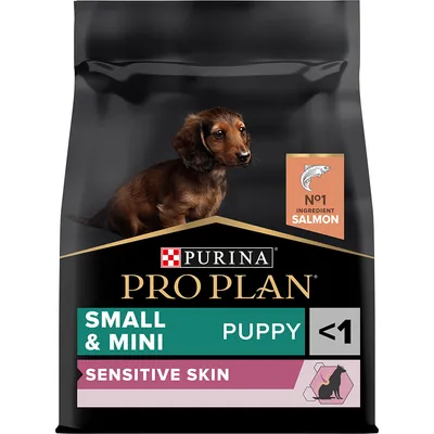 Purina Pro Plan Small & Mini Puppy Sensitive Skin, No1 ingredient salmon, for puppies under 1 year. Text: SMALL & MINI, PUPPY <1, SENSITIVE SKIN.