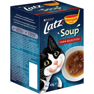 Latz Soup Farm Selection kattmat, 6 x 48 g. Synlig text: Purina, UUTUUS NYHET, tillverkad av högkvalitativa ingredienser. Bild på soppa med köttbitar och tecknad katt.
