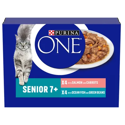 Senior 7+ selection: 4 with salmon and carrots, 4 with ocean fish and green beans. Purina One branding visible.