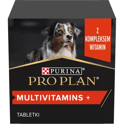 Opakowanie Purina Pro Plan Multivitamins+ tabletki, z napisem 'Z kompleksem witamin' i zdjęciem psa na froncie.