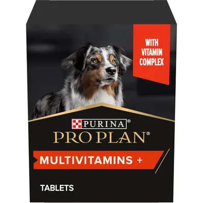 Purina Pro Plan Multivitamins+ tablets box with dog image, text 'WITH VITAMIN COMPLEX' on red label. Brand and product names clearly visible.