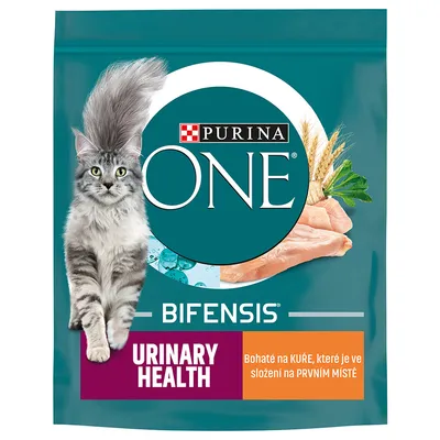 Purina ONE Bifensis Urinary Health, bohaté na kurča, ktoré je vo zložení na prvom mieste. Text v češtine: URINARY HEALTH, Bohaté na KUŘE, které je ve složení na PRVNÍM MÍSTĚ. Purina ONE Bifensis Urinary Health, bohaté na kurča, ktoré je vo zložení na prvom mieste. Text v češtine: URINARY HEALTH, Bohaté na KUŘE, které je ve složení na PRVNÍM MÍSTĚ.