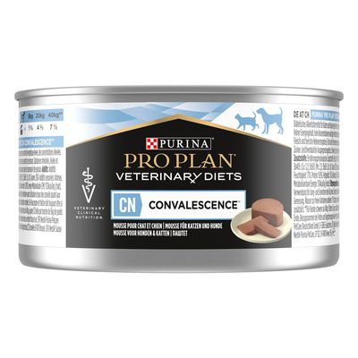 Purina Pro Plan Veterinary Diets CN Convalescence mousse for cats and dogs, shown in a tin with product image and feeding guide for different weights.