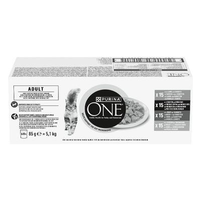 PURINA ONE Adult, 60 x 85g, Mixed Pack with Lamb, Beef, Chicken and Turkey, supports the microbiome, visible health for today and tomorrow.