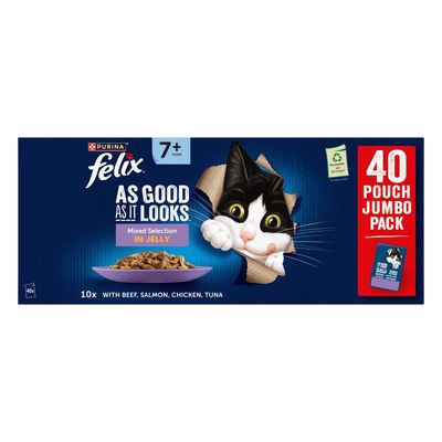 40 pouch jumbo pack, mixed selection in jelly with beef, salmon, chicken and tuna, suitable for 7+ years. Contains 10 pouches of each flavour.