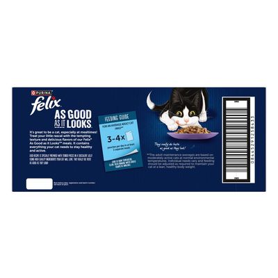 Feeding guide for an average adult cat: 3 to 4 pouches per day in at least two separate meals. Contains product description and barcode.