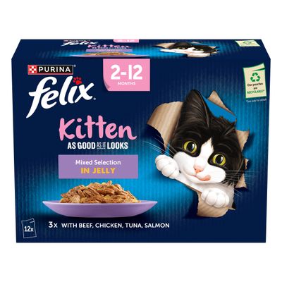 Kitten food mixed selection in jelly for 2-12 months, includes beef, chicken, tuna, salmon. Pack contains 12 pouches, 3 of each flavour. Pouches are recyclable.