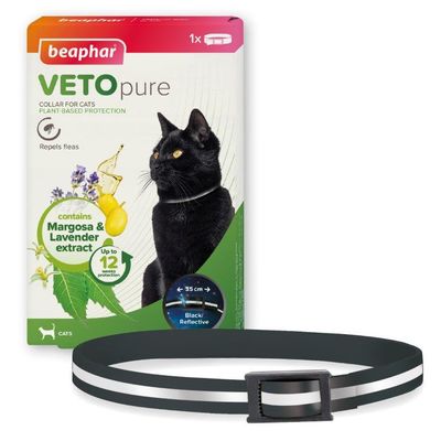 Flea collar for cats with margosa and lavender extract, up to 12 weeks protection, black reflective, adjustable up to 35 cm. Plant-based protection, repels fleas.