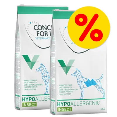 Two bags labelled hypoallergenic insect, reduced food intolerances, with hypoallergenic insect protein, skin support. Large yellow percentage discount symbol in corner.