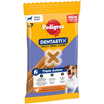 Pedigree Dentastix Daily Oral Care dla małych psów, Potrójne Działanie: redukuje powstawanie kamienia nazębnego, zdrowsze dziąsła, świeższy oddech, z naturalnym kurczakiem, 7 sztuk.