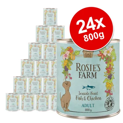Rosie’s Farm Seaside Feast Fish & Chicken Adult, 24 tins of 800g each. Grain free recipe visible on packaging. Light blue label with dog illustration and floral design.