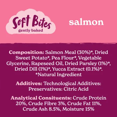 Soft Bites gently baked salmon. Composition: salmon meal 30%, sweet potato, pea flour, vegetable glycerine, rapeseed oil, parsley, dill, yucca extract. Additives: citric acid. Protein 20%.