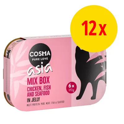 Cosma Pure Love Asia Mix Box, 12 x 170 g, poulet, poisson et fruits de mer en gelée. Texte visible : Mix Box Chicken, Fish and Seafood in Jelly, 6 x 170 g.