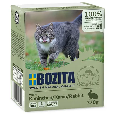 Bozita Swedish Natural Quality cat food with rabbit in sauce, 370g. 100% animal protein, grain-free, beta-glucan. Feeding table for different weight classes visible.