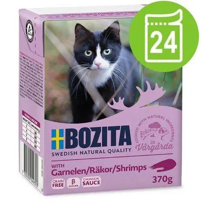 BOZITA with Garnelen/Räkor/Shrimps, 370g, GRAIN FREE, β-GLUCAN, CHUNKS IN SAUCE, fotografie černobílé kočky na obalu, balení 24 kusů