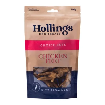 Bag labelled 'Choice Cuts Chicken Feet', 100g, with visible chicken feet treats inside. Text states 'Gifts from Nature' and mentions pack is made with recycled material.