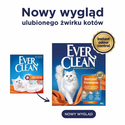 Ever Clean żwirek dla kotów w nowym opakowaniu, Instant Freshness, natychmiastowa kontrola zapachów, 10 l. Porównanie starego i nowego designu.