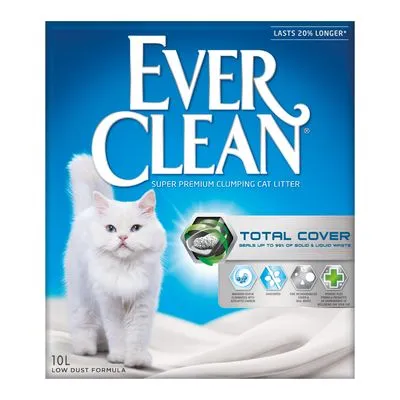 Ever Clean Super Premium Clumping Cat Litter, Total Cover, 10L, low dust formula. Tekst: lasts 20% longer, seals up to 99% of solid & liquid waste. Ever Clean Super Premium Clumping Cat Litter, Total Cover, 10L, low dust formula. Tekst: lasts 20% longer, seals up to 99% of solid & liquid waste.