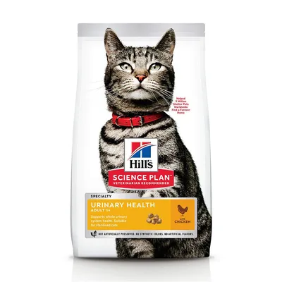 Sac de croquettes Hill's Science Plan Urinary Health Adult 1+ au poulet, pour chats. Texte visible : 'Supports whole urinary system health. Suitable for sterilised cats.' Sac de croquettes Hill's Science Plan Urinary Health Adult 1+ au poulet, pour chats. Texte visible : 'Supports whole urinary system health. Suitable for sterilised cats.'