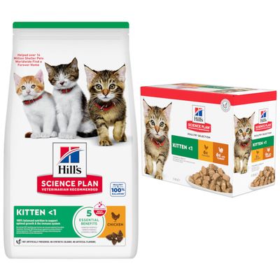 Hill's Science Plan Kitten <1, croquettes au poulet et sélection volaille, texte visible : 'Supports immunity & healthy growth in kittens', pastille verte Bi-nutrition, photos de chatons.