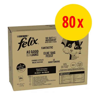 Carton Purina Felix Sélection Mixte en gelée, 80 x 85 g. Textes visibles : As Good As It Looks, Fantastic, Le Ghiottonerie, sans colorants ajoutés, 100 % complet et équilibré. Carton Purina Felix Sélection Mixte en gelée, 80 x 85 g. Textes visibles : As Good As It Looks, Fantastic, Le Ghiottonerie, sans colorants ajoutés, 100 % complet et équilibré.