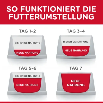 Anleitung zur Futterumstellung: Tag 1-2 und Tag 3-4 Mischung aus bisheriger und neuer Nahrung, Tag 5-6 überwiegend neue Nahrung, Tag 7 vollständig neue Nahrung.