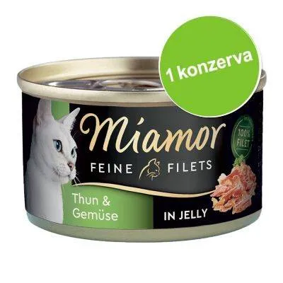 Konzerva Miamor Feine Filets Thun & Gemüse in Jelly, 1 konzerva, 100% Filet. Na obalu je vyobrazená kočka a kousky masa.