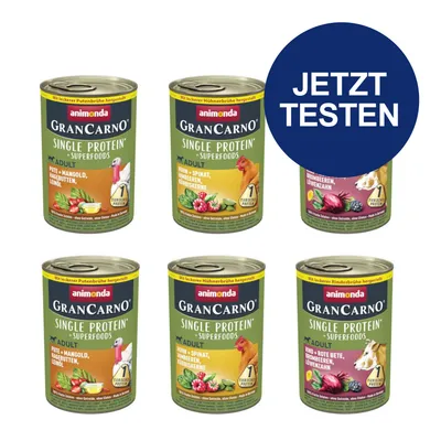 Animonda GranCarno Single Protein Superfoods Adult. Verschiedene Sorten: Pute, Huhn, Rind mit Zutaten wie Mangold, Spinat, Brombeeren und Kürbiskerne. Jetzt testen. Animonda GranCarno Single Protein Superfoods Adult. Verschiedene Sorten: Pute, Huhn, Rind mit Zutaten wie Mangold, Spinat, Brombeeren und Kürbiskerne. Jetzt testen.