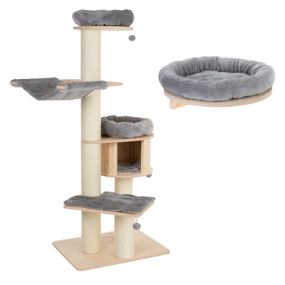 Arbre à chat en bois avec coussins gris et blanc, griffoirs en sisal, plateforme murale rembourrée, symbole pourcentage rouge indiquant une offre ou promotion visible.