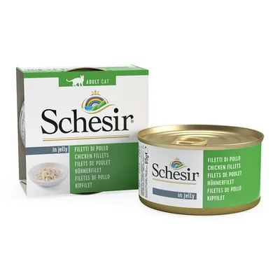 Schesir in Jelly, Filetti di Pollo, kyllingefilet til voksne katte. Synlig emballage og dåse med 85 g indhold.