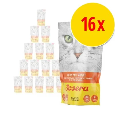 16-pack Josera Huhn mit Spinat kattmat, förpackningar med bild på katt och texten 'Huhn mit Spinat', stor gul cirkel med röd text '16x'. 16-pack Josera Huhn mit Spinat kattmat, förpackningar med bild på katt och texten 'Huhn mit Spinat', stor gul cirkel med röd text '16x'.