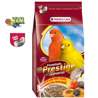 Versele-Laga Premium Prestige Canaries -kanarianlinnunruoka, 100% Energy & Vitality, rikastettu VAM:lla, hedelmillä, Florastimulilla, chia-siemenillä ja osterinkuorilla Versele-Laga Premium Prestige Canaries -kanarianlinnunruoka, 100% Energy & Vitality, rikastettu VAM:lla, hedelmillä, Florastimulilla, chia-siemenillä ja osterinkuorilla