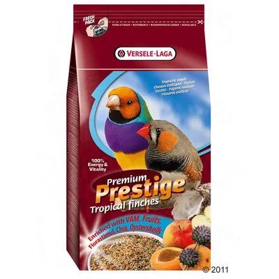 Sac Versele-Laga Premium Prestige Tropical finches, texte visible : 100% Energy & Vitality, enrichi avec VAM, fruits, Florastimul, chia, coquilles d’huîtres. Images de graines et fruits.