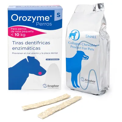 Orozyme Perros enzymatische tandreinigingsstrips voor honden onder 10 kg. Voorkomt slechte adem en tandplak. Collageen kauwproduct voor huisdieren, maat Small. Merk Ecuphar.