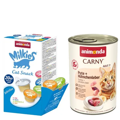 animonda mix balenie: 12 x 400 g Carny Adult + 20 x 15 g Milkies Selection - kuracie s morčacími a kačacími srdiečkami + Milkies Snack (4 druhy)