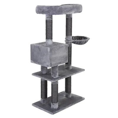 Tiragraffi grigio a tre livelli, superficie superiore imbottita, nicchia centrale e amaca laterale. Colonne rivestite in sisal nero.
