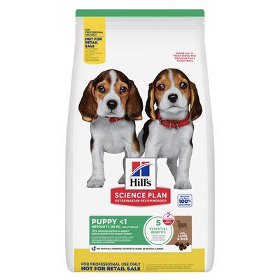 Bag labelled Science Plan, Puppy under 1 year, medium 11-25 kg adult weight, supports immunity and healthy growth, with lamb and rice, no artificial colours or flavours.