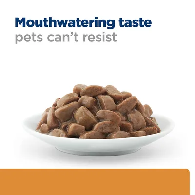 Bowl of meaty chunks in gravy with the text: Mouthwatering taste pets can't resist.