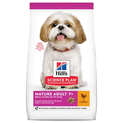 Hill's Science Plan Mature Adult 7+ Small & Mini até 10 kg, com frango. Apoia energia e saúde dos órgãos em cães pequenos idosos. Sem aditivos artificiais.
