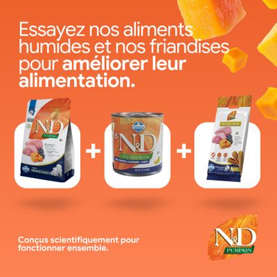 N&D Pumpkin croquettes, aliments humides et friandises dental côte à côte. Développé scientifiquement pour une alimentation combinée.