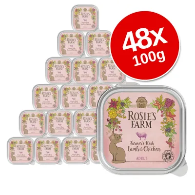 Rosie’s Farm Farmer’s Hash Lamb & Chicken Adult, 48 x 100g trays. Pink packaging with cat illustration and floral border. Large red circle shows '48x 100g'.