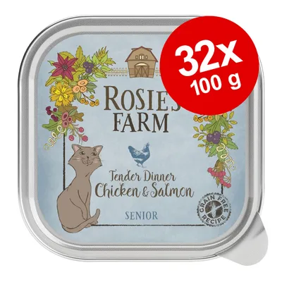 Rosie’s Farm Tender Dinner Chicken & Salmon Senior kissan märkäruoka, viljaton. Pakkauskoko: 32 x 100 g. Teksti englanniksi.