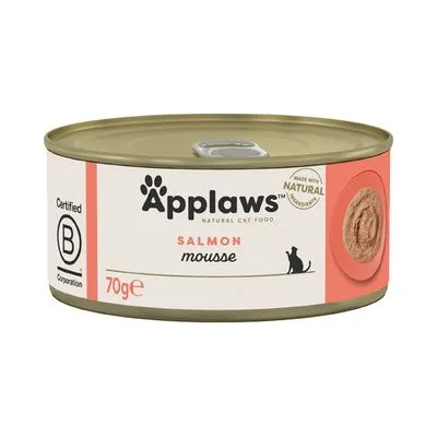 Applaws Natural Cat Food Salmon Mousse, 70g. Certified B Corporation. Made with natural ingredients. Afbeelding van zalmmousse op het etiket.